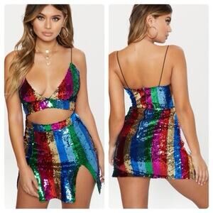 Pretty Little Thing Strappy Extreme Split Sequin Bodycon Dress Women’s Sz 6 S